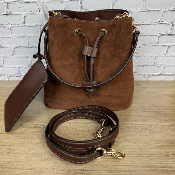 Coach Rowan Bucket Suede and Leather Bag Gold/Vintage Brown free unbranded scarf - Picture 16 of 16